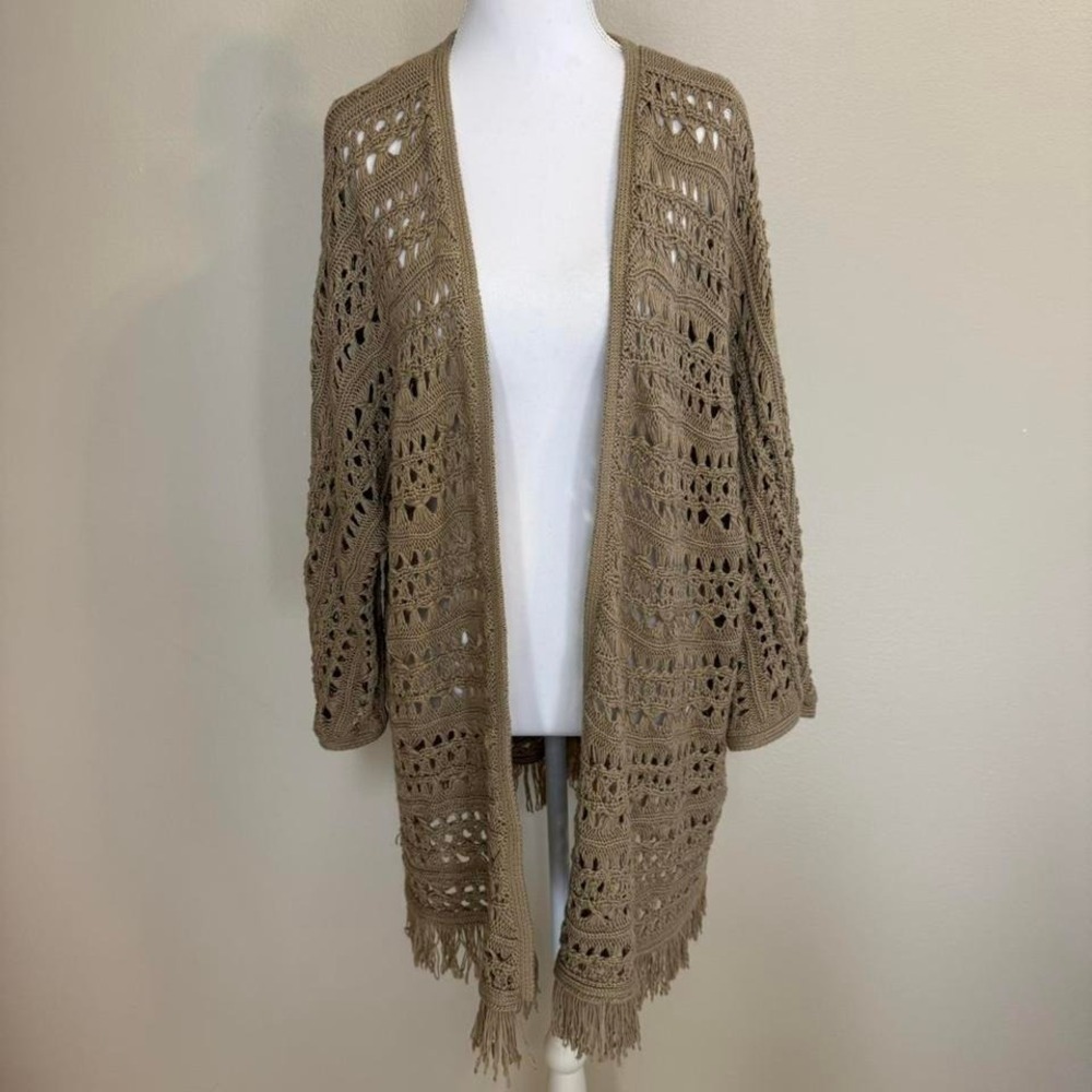 Tan Open Front Crochet Cardigan Fringe Women's Sz 3X Boho Festival Western